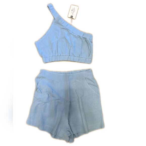 ReoRia NWT cornflower dusty blue 2pc halter top & shorts, linen blend, size S - Picture 3 of 9
